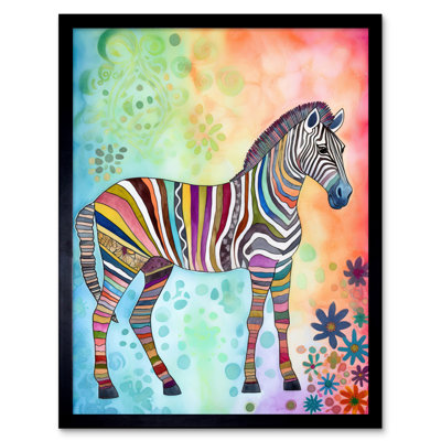Rainbow Floral Zebra Folk Art Artwork Framed Wall Art Print 9X7 Inch