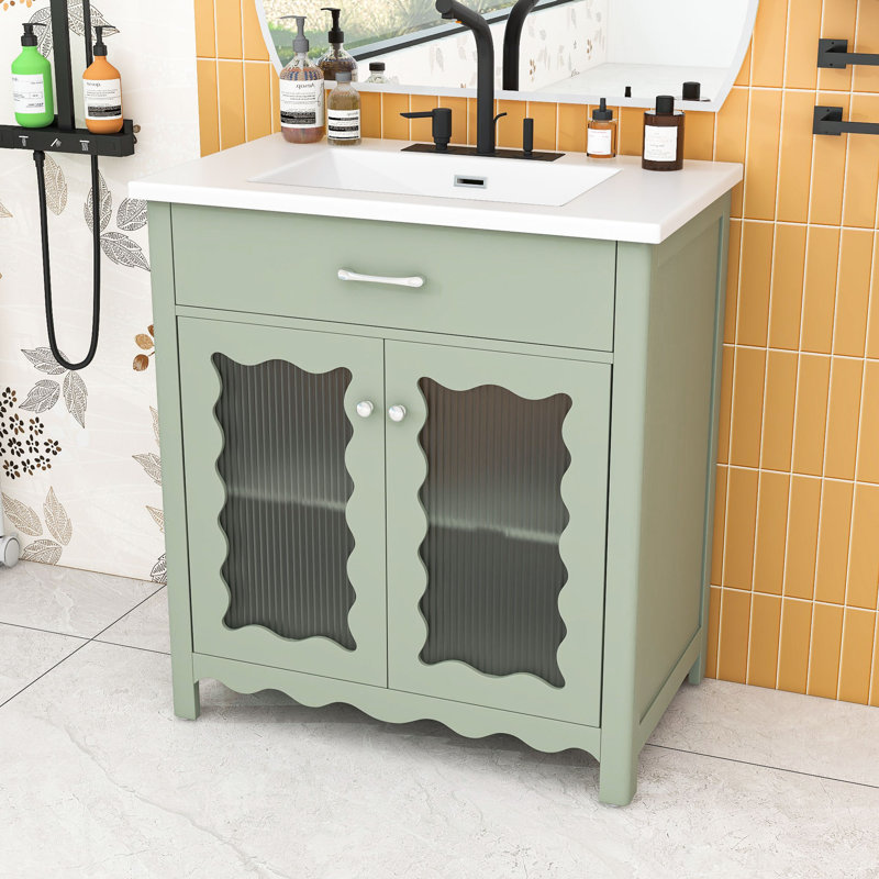 Meuble-lavabo de salle de bain avec verre trempé et portes à fermeture douce, Vert