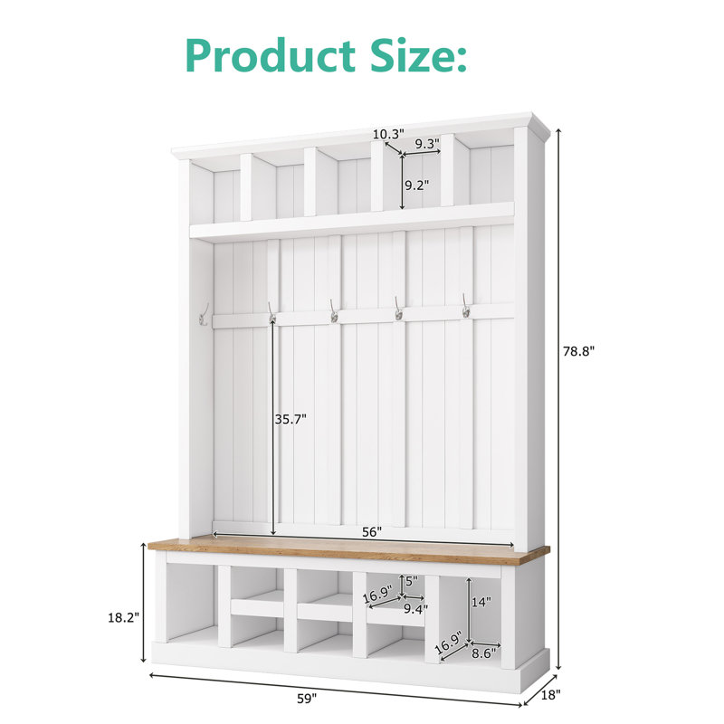 Calisto Hall Tree with Bench Entryway Shoe Cabinet with Hooks and Shoe Storage, White