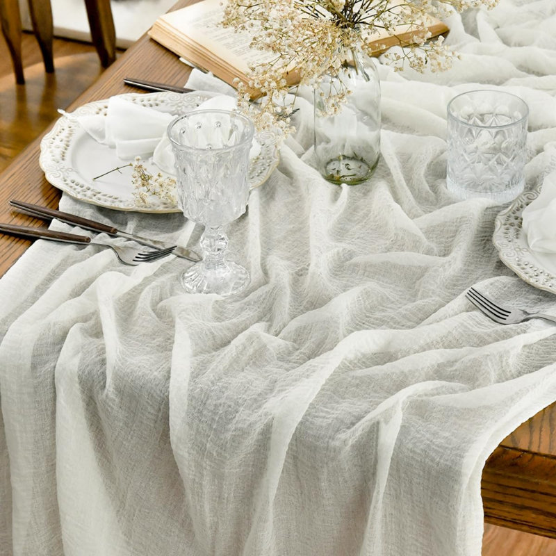 Milk White Boho Gauze Wedding Cheesecloth Table Runner 300 cm | Seasonal Bridal Fabric Kitchen Dining Holiday Table Decor for Home Party