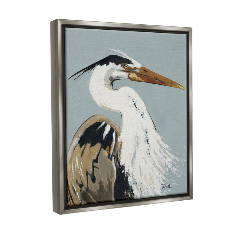 «Heron Look Right Floater Frame» par Patricia Pinto sur toile, H 31 po x l 25 po, Cadre flottant gris lustré