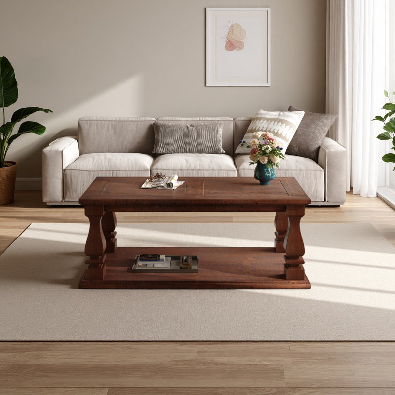 Table basse de style campagnard, avec plateau en planches lourdes et pieds de balustre carrés, longue table de salon rustique de 47,24 po
