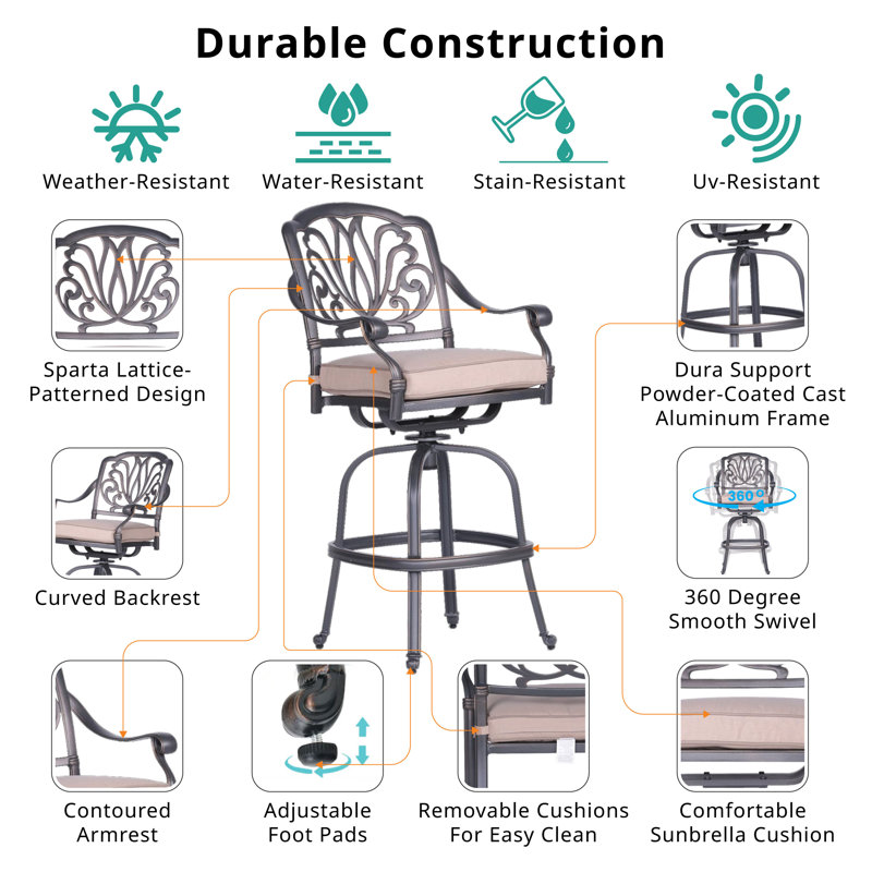 Tabouret de bar avec coussin Kaneidra, Tissage uni Sunbrella® Plainweave Spectrum sable