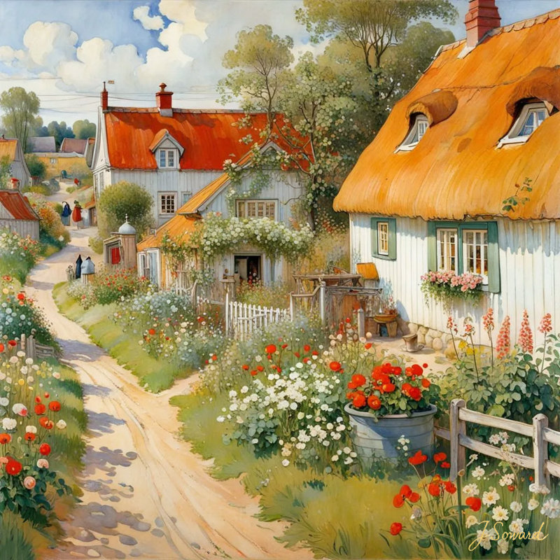 «Sunlit Village Lane in Bloom», art mural sur toile tendue, H 20 po x l 20 po