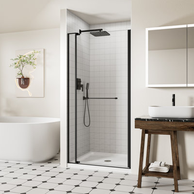 32-36" W x 72" H Frameless Pivot Shower Door, 1/4" (6mm) & 5/16" (8mm) Tempered Glass, Swing Shower Door with Towel Bar & 105° Anti-Collision Stop, Matte Black Finish, Reversible Installation