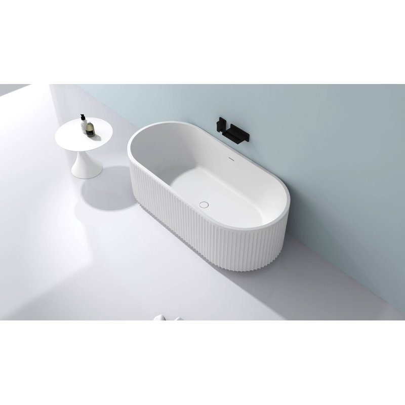 Ruvati Fluted Freestanding Soaking Bathtub epiStone Solid Surface Modern Matte White, 17" H x 29.5" W x 59" L