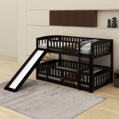 Low Bunk Beds, Kids Bunk Bed With Slide, Fence And Ladder, Wood Toddler Bunk Beds