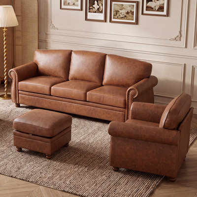  Traditional Faux Leather Living Room Furniture Set, Sedona Collection, 3-seater Sofa With Nailhead Trim, Comfy Upholstered Arm Chair And Storage Ottoman For Apartment Home, Caramel