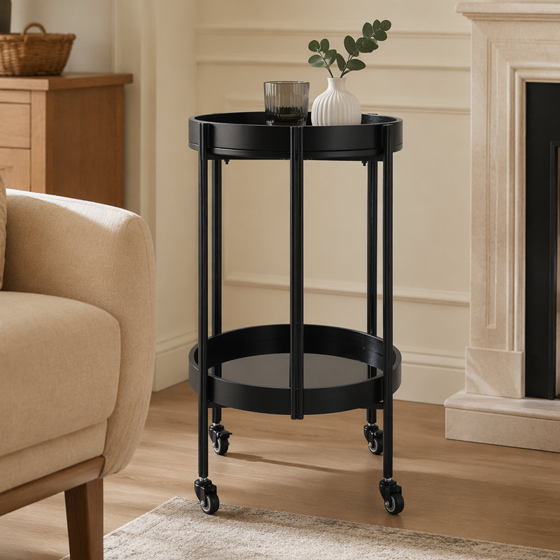 Chariot-bar ovale avec tablettes en verre trempé et structure en fer, Black
