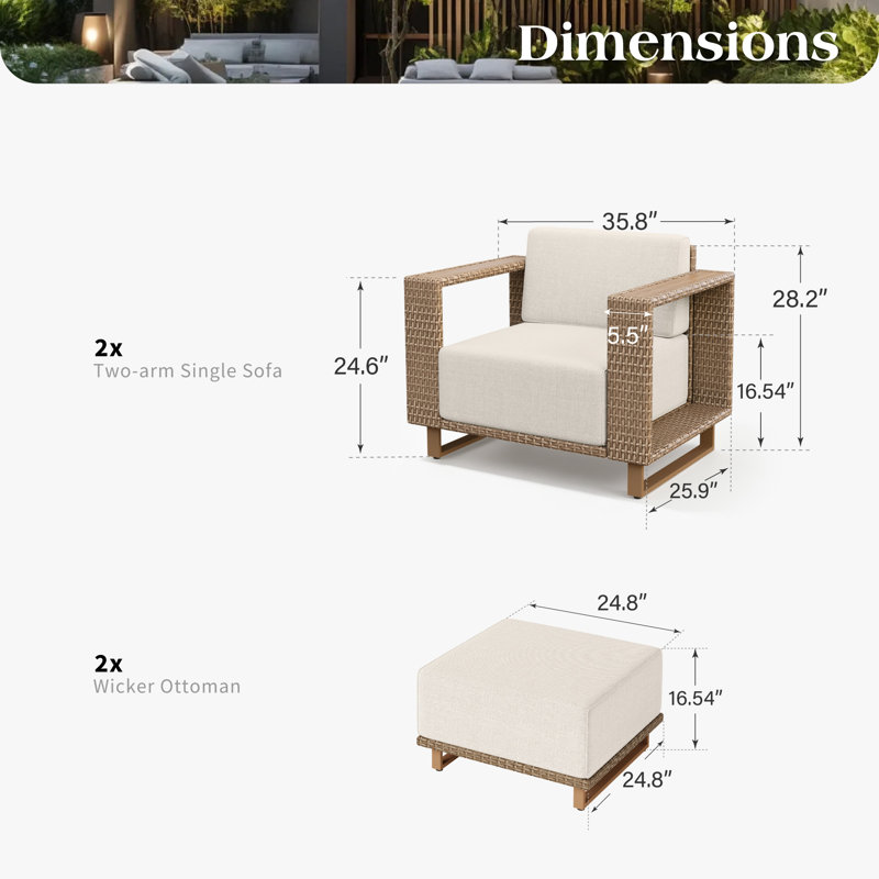 Wicker Patio Furniture Set Beige Modular Outdoor Sectional Sofa 9.8 Inch Thick Cushions & Wide Armrests For Garden, Poolside & Backyard