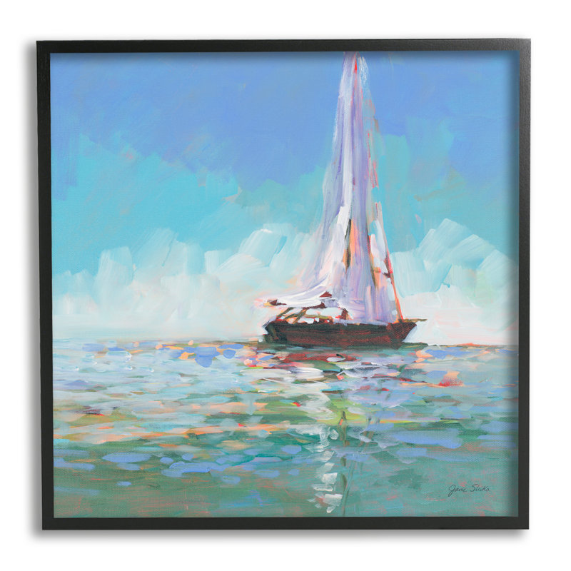 Peinture «Quiet Sail» encadrée sur bois par Jane Slivka, peinture, H 12 po x l 12 po x P 1,5 po, Giclée encadrée noir minuit