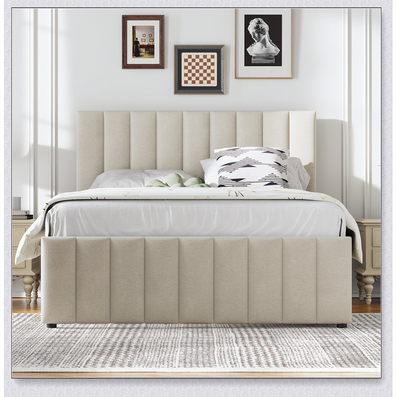 Lit plateforme double rembourré avec lit gigogne simple et 3 tiroirs, tissu en lin, Beige