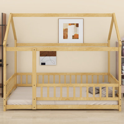 House Bed With Roof Frame And Integrated Safety Guardrail System