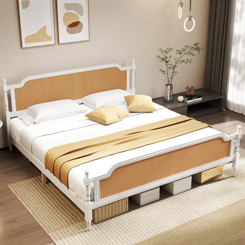 Platform Bed Frame with Natural Rattan Headboard and Footboard, Bohemian and Mid Century Style, Brown/White, Queen