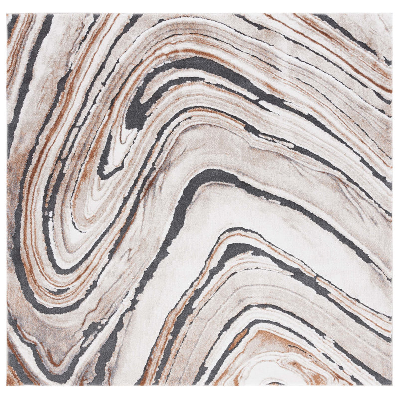 Cyrus Beige and Rust Abstract Shag Area Rug 6'7" Square