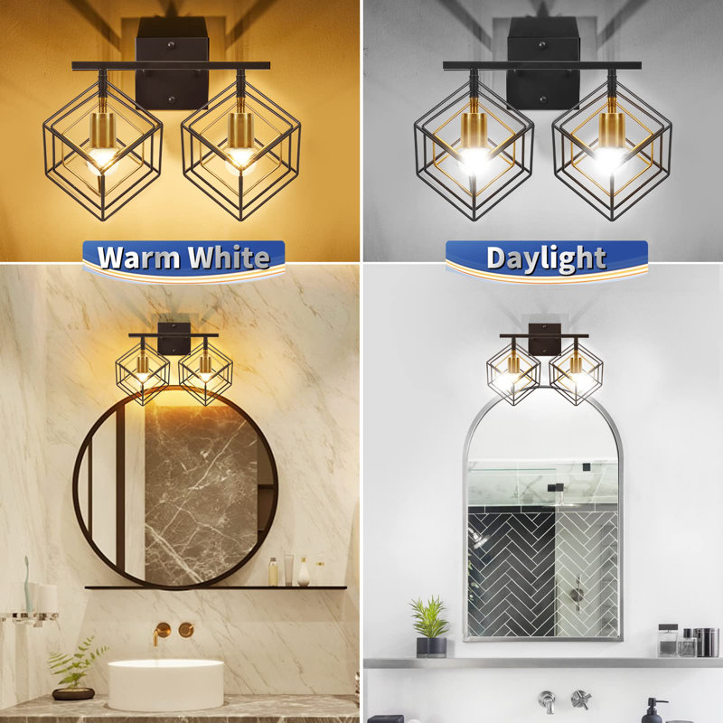 Matte Black Modern 2-Bulb Vanity Light with Rotatable Cube Shades