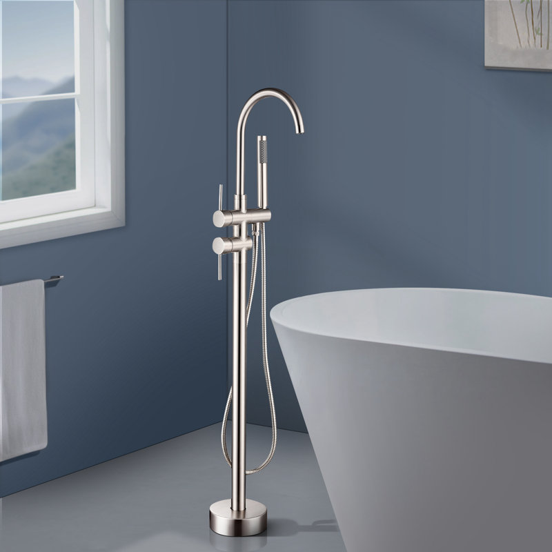 Robinet de baignoire à fixation au sol avec pomme de douche à main Topcraft, Nickel brossé