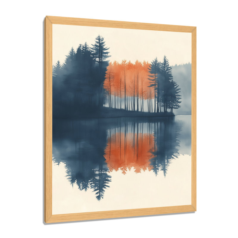 Reflets bleus et orangés d'automne au bord du lac I - Tableau encadré « Forêt », H 32 po x l 16 po, Natural Picture Framed