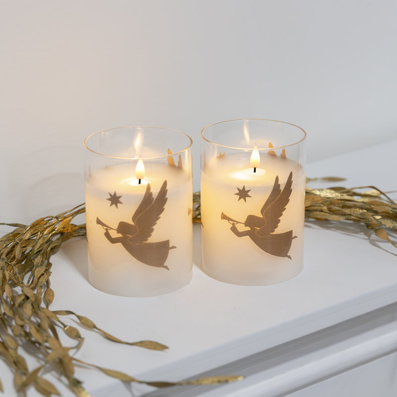 2 bougies en verre DEL à piles avec flamme de mèche 3D, anges - 2 pièces
