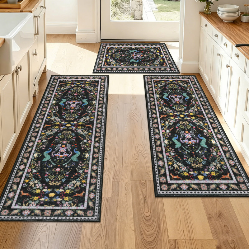 Machine Washable Non-Slip Kitchen Mat, Black/Green