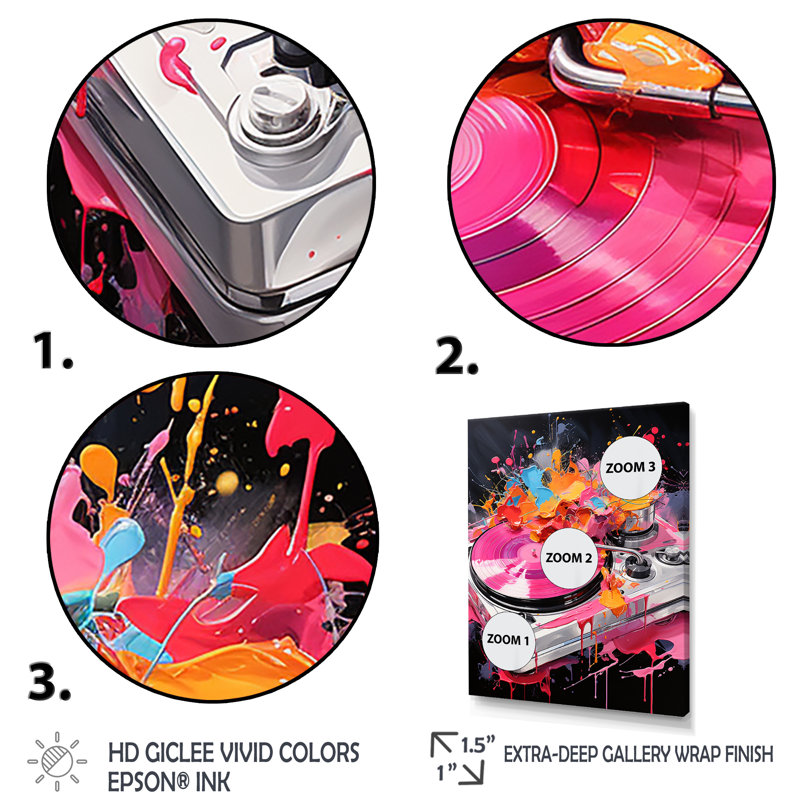 «Pink Turntables» Brilliance III - Art mural, platines et boîtes tournantes, Cadre flottant noir