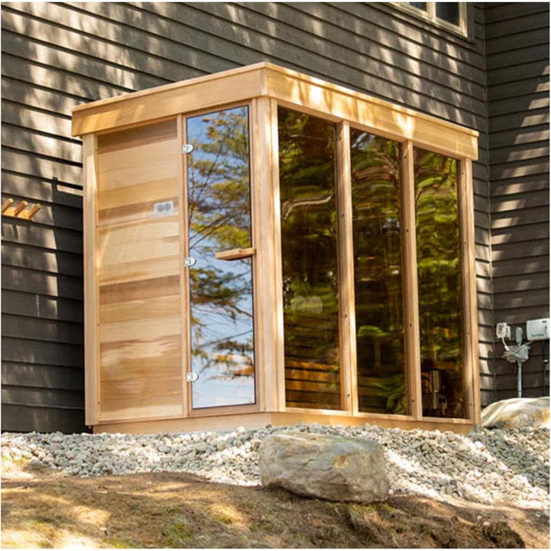 Hylivesaunas Outdoor Steam Sauna, 4 Person Canadian Hemlock Wood Corner Sauna Room, Traditional Saunas with 220V ETL-Certified 6KW Havia Heating Stove, Headrest, Rocks, Light Included, 195℉ Left Door