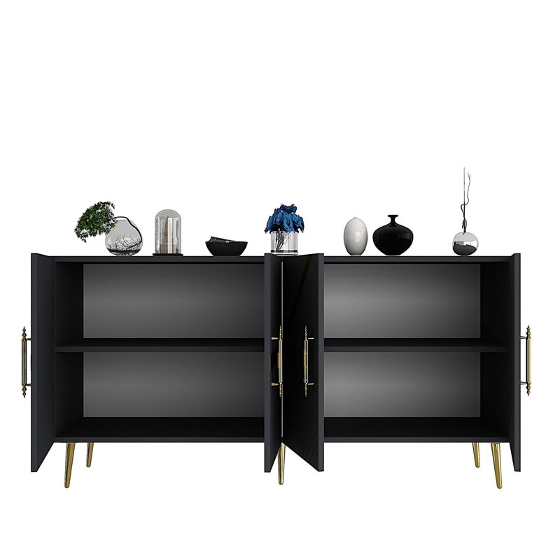 Console Catena moderne avec tablettes, anthracite et or, panneau de particules enduit 100% mélamine, fixation murale | Conception élégante et fonctionnelle pour le rangement du salon et du couloir