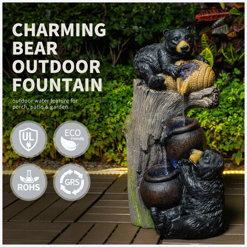 Bear Outdoor Water Fountain With LED Lights Cascading Fountains Outdoor For Patio Yard Balcony 23.62'' Garden Fountains Outdoor And Outdoor Water Fountain Decor