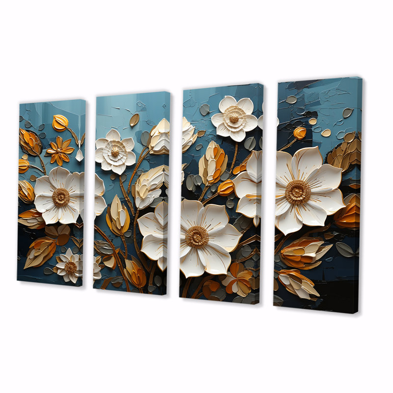 «White and Gold Charming Spring Flower Elegance IV - Flowers», art mural 4 pièces, H 32 po x l 64 po