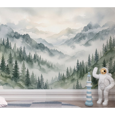 Murale panoramique de paysage de montagne de forêt brumeuse, papier peint pin aquarelle, murale boisée brumeuse, vert sauge Nature Decor 442DRE