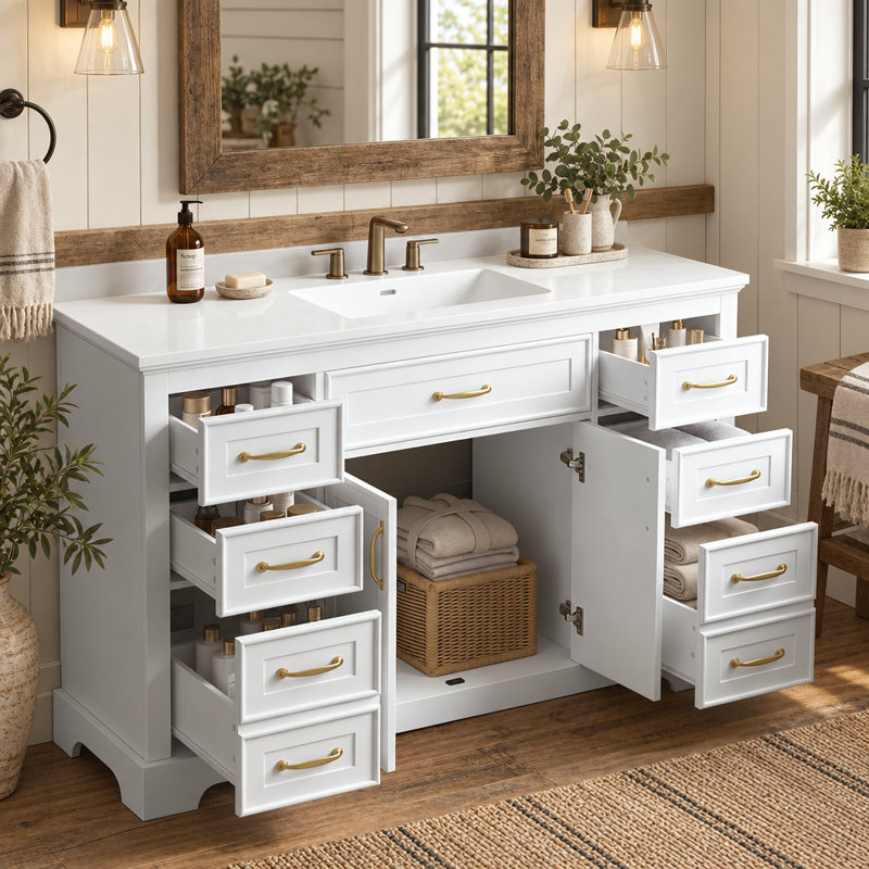Meuble-lavabo blanc de 121,4 cm (47,8 po) avec lavabo, 6 tiroirs et 2 portes à fermeture amortie, structure robuste.