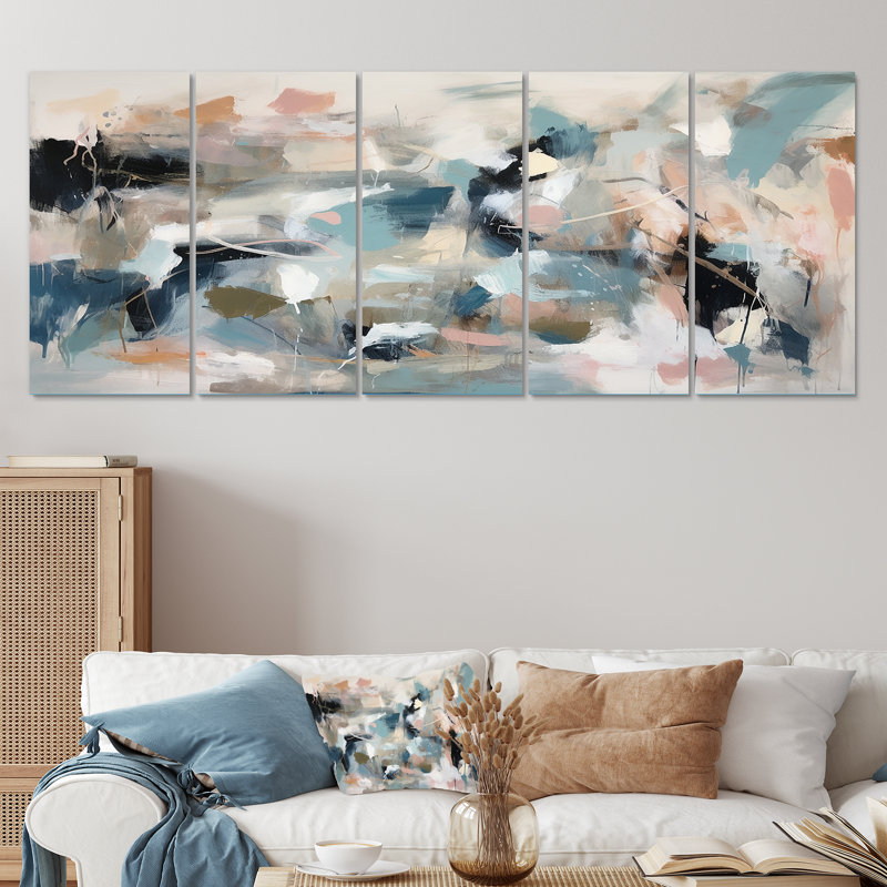 «Grey and Blue Vivid Waves Fuild III» - peinture abstraite, art mural 5 pièces, H 32 po x l 80 po