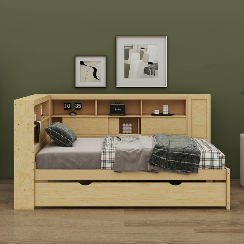 Lit de jour simple en bois multifonctionnel avec tablettes, stations de charge USB et lit gigogne extensible, Naturel