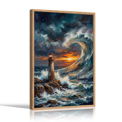 Phare au milieu des vagues déferlantes au coucher du soleil, toile murale d'Halloween