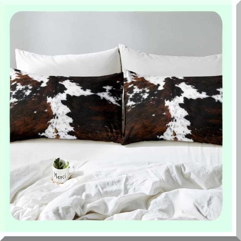 Maroon Cowhide Print Full Size Bedding Set - 3 Piece Cow Pattern Theme Fitted Sheet & Pillowcases, Deep Pocket Home Bedroom Decor.