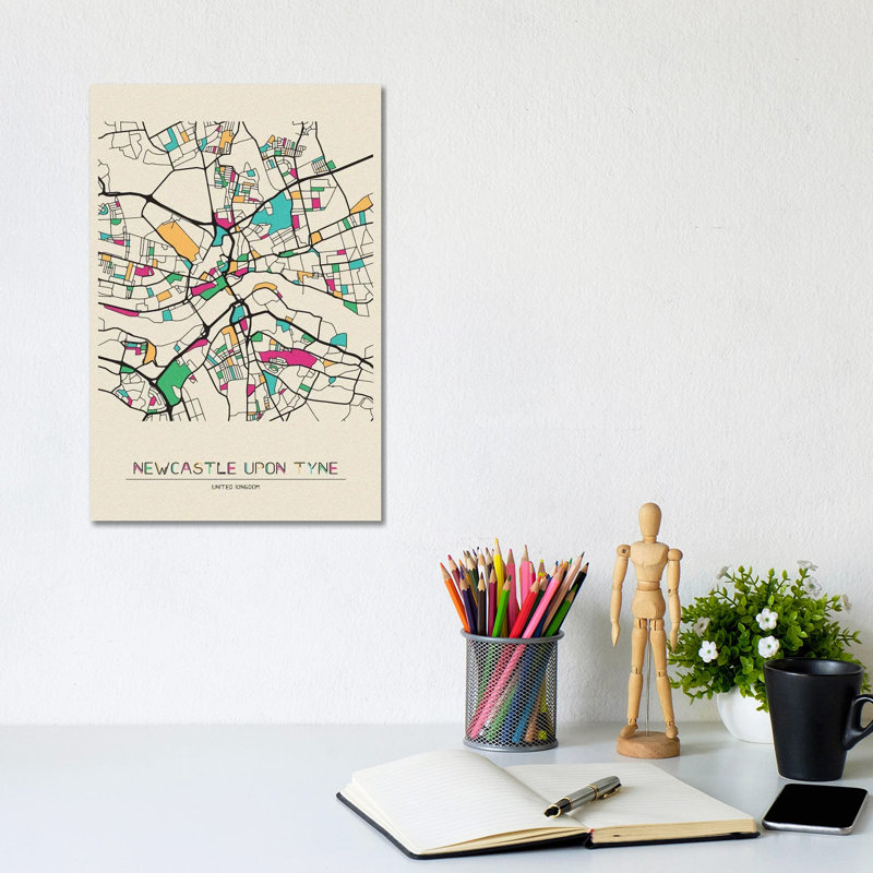 Newcastle Upon Tyne, England Map by Ayse Deniz Akerman - Wrapped Canvas Painting, 20.32 cm H x 30.48 cm W