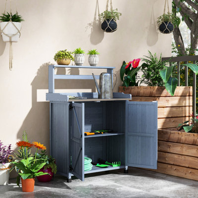 Potting Bench With Storage, Galvanized Worktop, Wooden Frame, For Backyard, Garden, Gray Outdoor Desk Surface, ,
