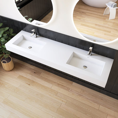 72'' Wall Mounted Bathroom Sink Solid Surface Double Sink With Overflow