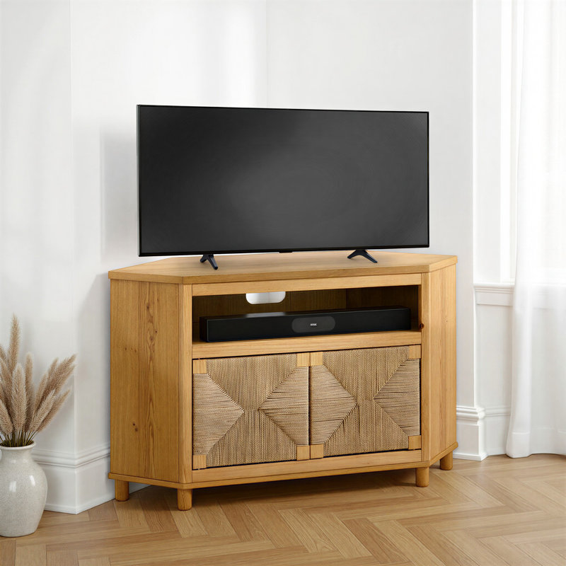 Seagrass And Oak Wood Corner Tv Stand, Light Oak