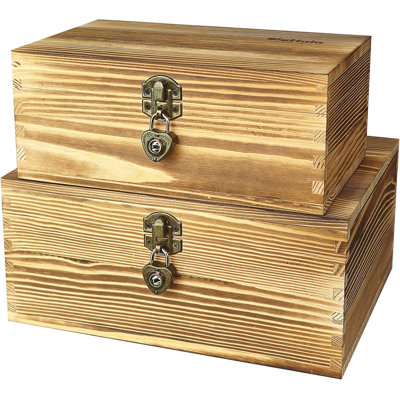 Wooden Box with Lock and Keys Hinged Lid Treasure Chest Decorative Archival Organizer Wood Storage Boxes 2 Pack Smokey Color