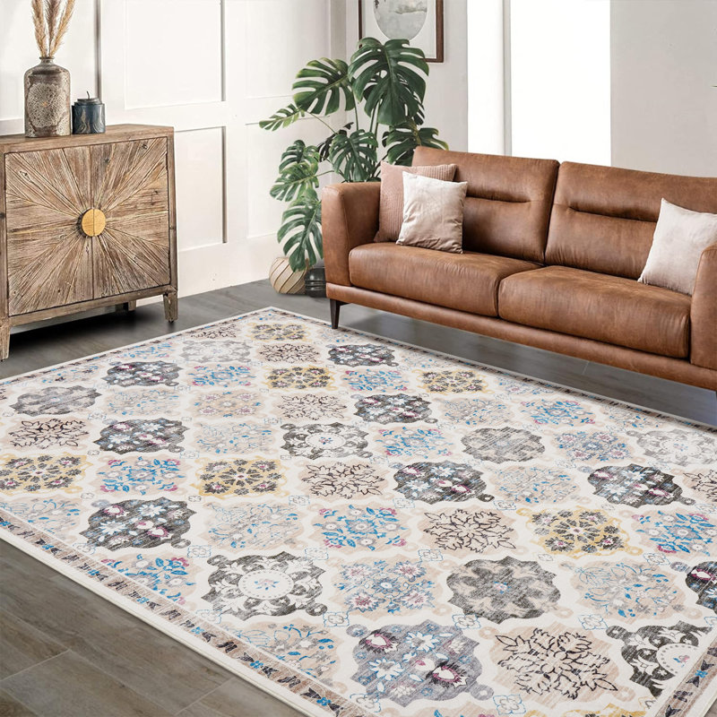 Boho Floral Checkerboard Area Rug - Washable Non-Slip Faux Wool Carpet - Ideal for Bedroom Living Room Kitchen Office Entryway Bathroom