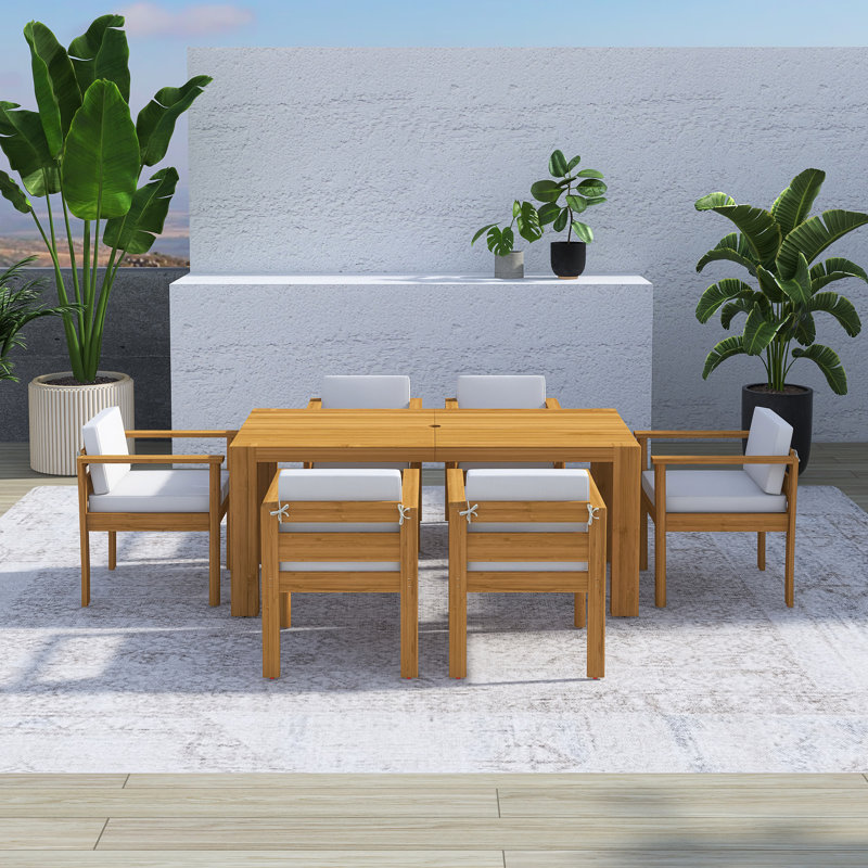 7 Piece Patio Table And Chairs Set, Light Teak