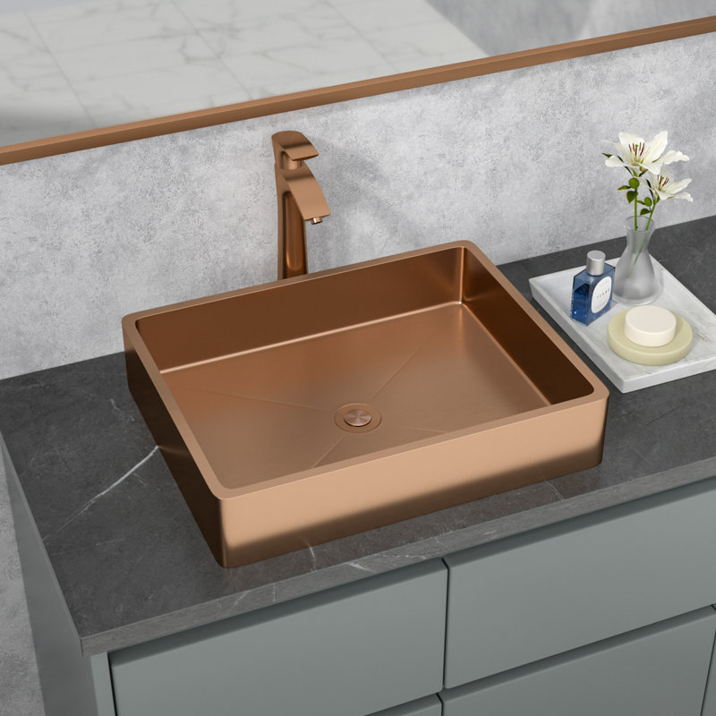Lavabo de salle de bain vasque rectangulaire en acier inoxydable L 19 po x l 15 po Sarlai, Or rose
