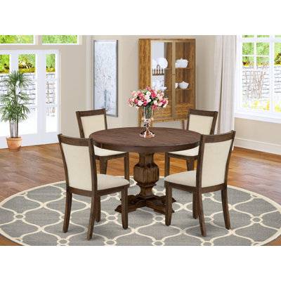 L'ensemble de table de salle à manger 5 pièces pour 4 personnes comprend une table ronde en bois avec piédestal et 4 chaises Parson en tissu de lin beige clair, noyer antique sablé