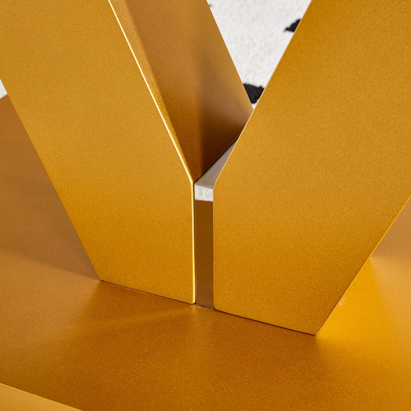 This Elegant Table Combines Durability With A Sleek Design- Featuring A Tempered Glass Tabletop With Stickers And Golden MDF Pillars, Perfect For Living Rooms And Dining Rooms