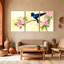 Oiseaux perchés sur une branche en fleurs avec fleurs roses, ensemble de 3 impressions sur toile-2089040962