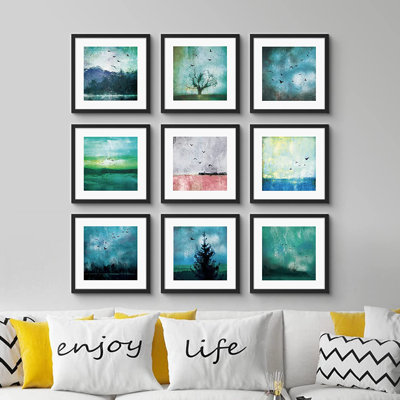 «Signature», art mural encadré, ensemble de galerie, oiseaux, vol, nuit, forêt, arbres, nature, illustrations, paysage moderne, dramatique, multicolore, ultra pour le salon, la chambre à coucher, le bureau - 8 po x 8 po x 9 po