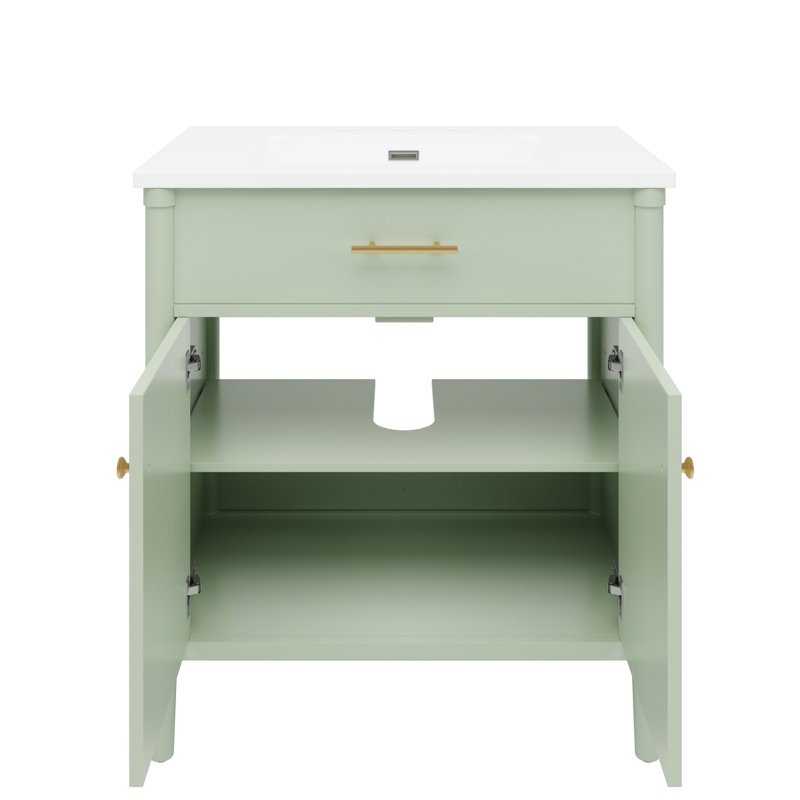 Meuble-lavabo de 31 po avec lavabo, conception à profil incurvé, portes à fermeture douce, tablette réglable, pieds en bois d'hévéa, espace, faux tiroir, poignées en or mat, idéal pour les petites et moyennes salles de bain