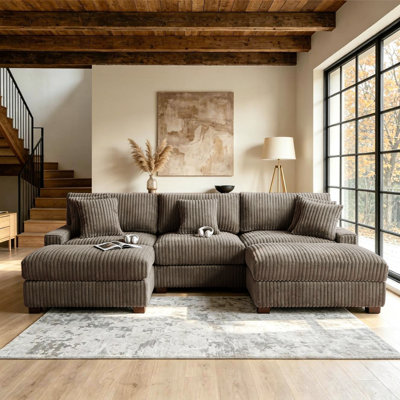5 - Piece Upholstered Light Brown Faux Rabbit Fur Flannel Modular Sectional Sofa with Throw Pillows & Removable Ottomans