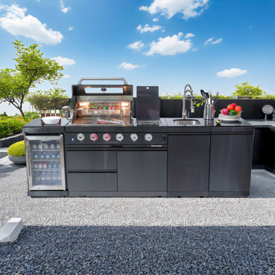 104" W 4-Burner Propane Gas Grill Island with Side Burner, Rotisserie and Outdoor Rated Refrigerator and Sink